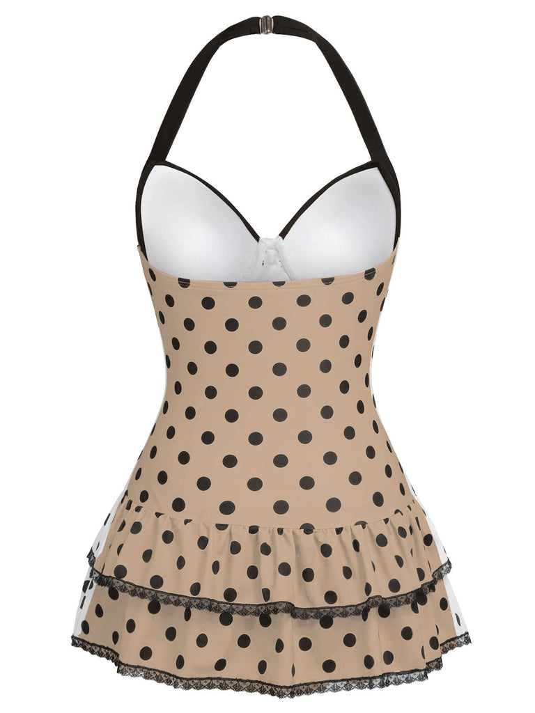 1940s Halter Polka Dots Bow One-Piece Swimsuit, classic vintage style summer beach collection