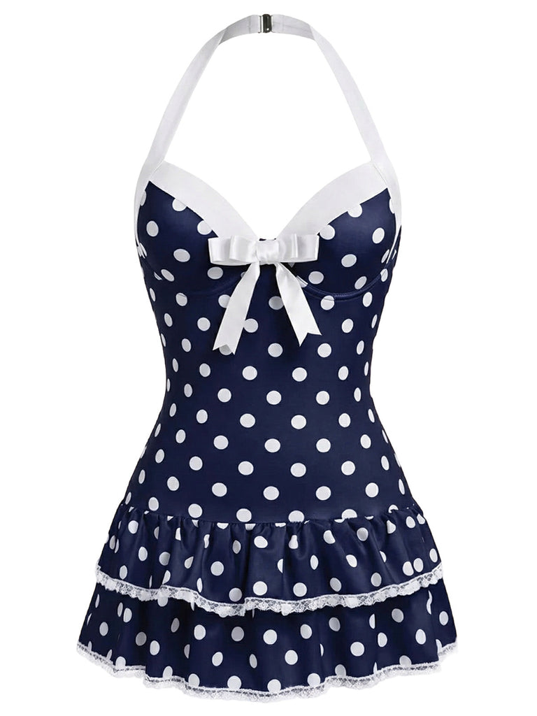 [Pre-Vendita] con Allacciatura al Collo Dot con Fiocco Costume Intero Blu Anni '40