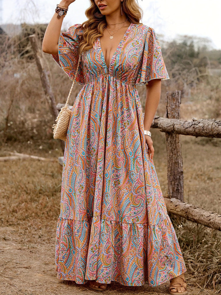 [Taglie Forti] Boho Paisley con Scollo V Manica Farfalla Lungo Abito Anni '70