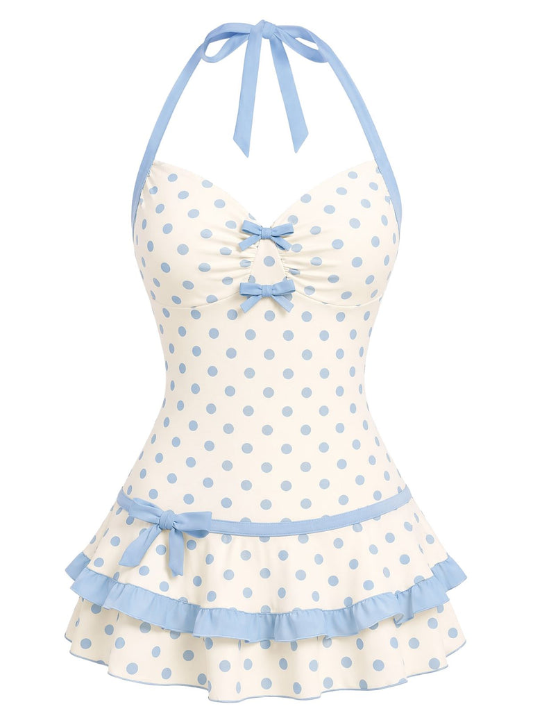 [Prevendita] Costume Intero blu anni '40 a pois con scollo all'americana