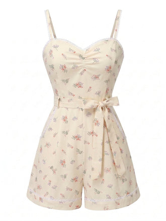 [Pre-Vendita] Pois Patchwork Suspender Tuta Corta Beige Anni '40