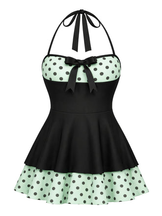 Costumi intero a pois con scollo all'americana nero anni '40