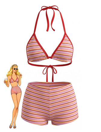 Set Bikini Triangolo Rosso a Righe Halter a Costine Anni '40
