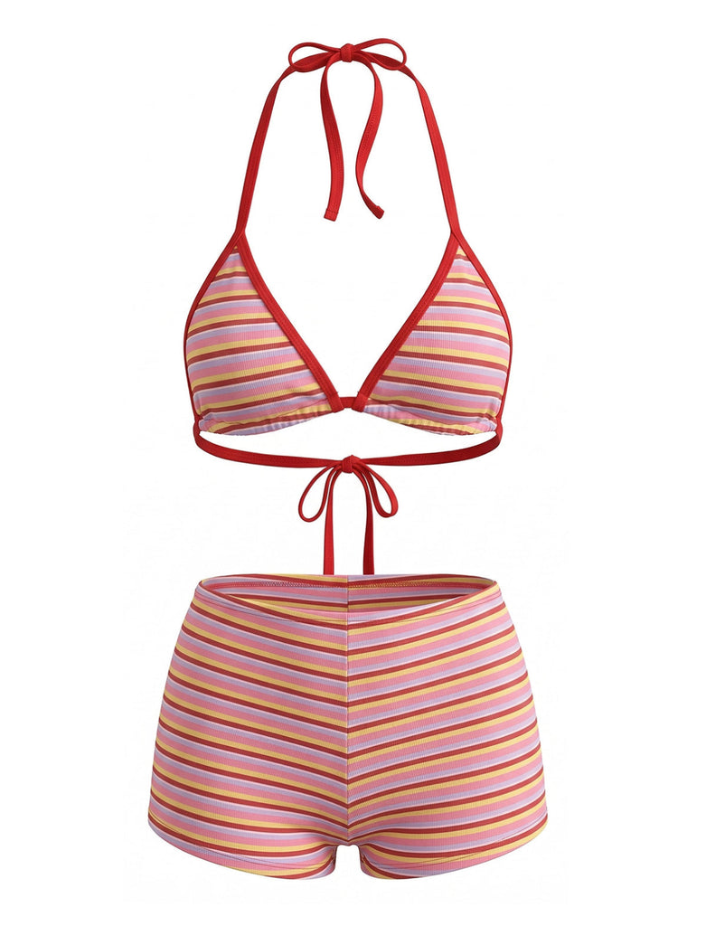 Set Bikini Triangolo Rosso a Righe Halter a Costine Anni '40 2