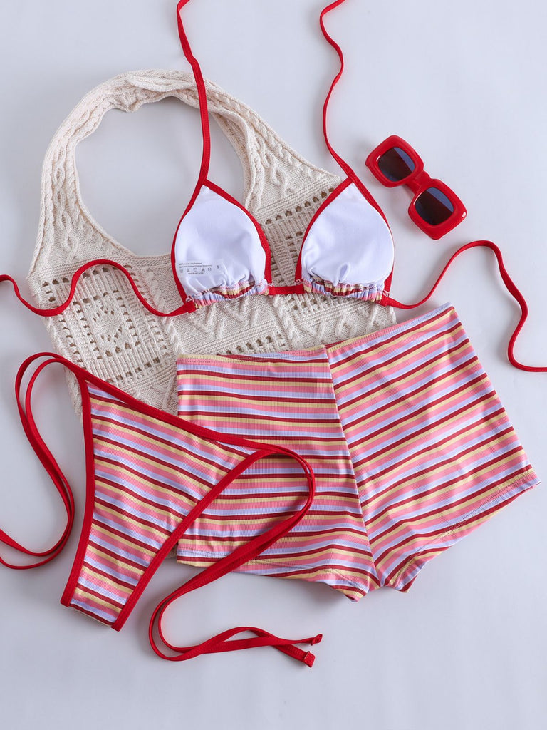 Set Bikini Triangolo Rosso a Righe Halter a Costine Anni '40 5
