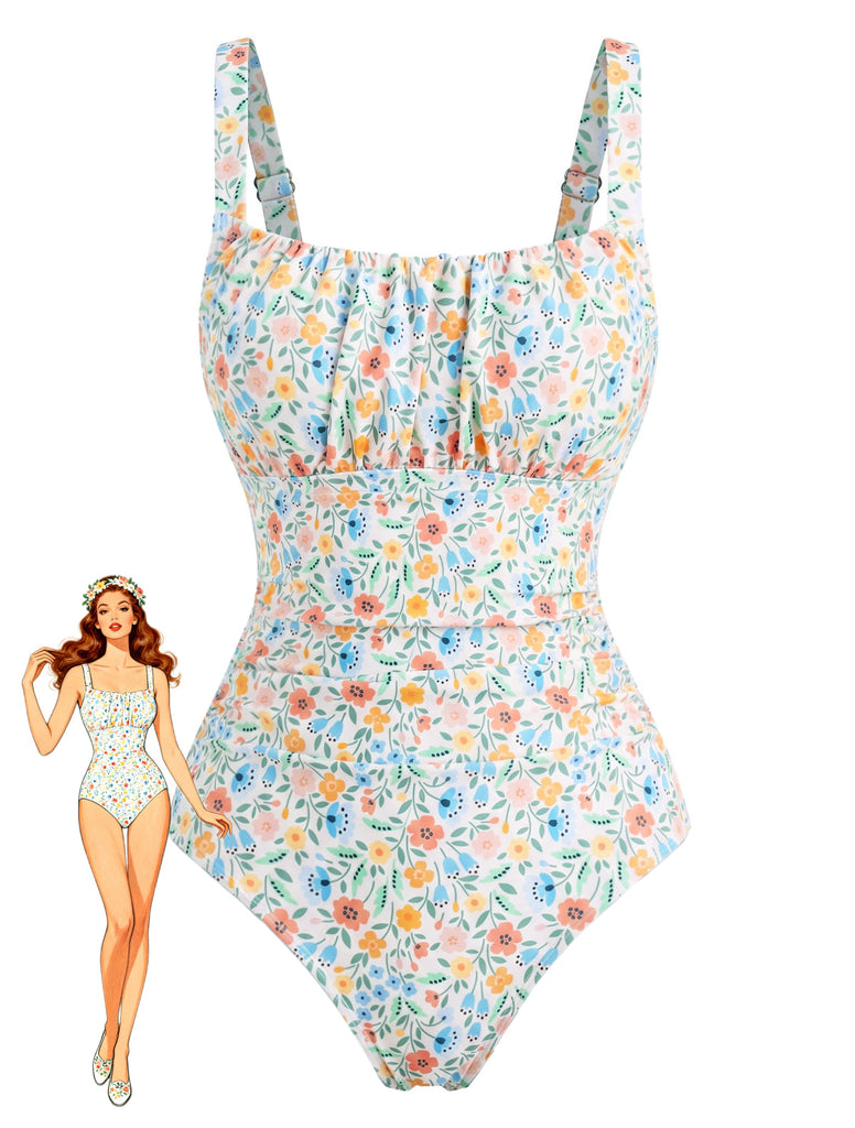 Costume da Bagno Intero a Fiorellini Scollo Quadrato Arricciato Anni '40