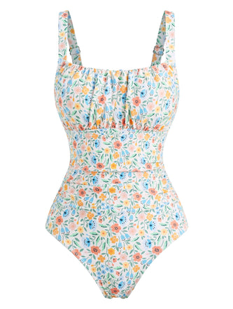 Costume da Bagno Intero a Fiorellini Scollo Quadrato Arricciato Anni '40 2