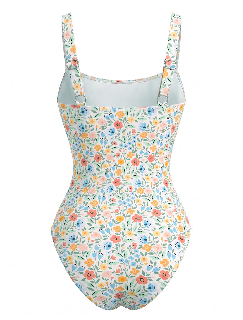 Costume da Bagno Intero a Fiorellini Scollo Quadrato Arricciato Anni '40 3
