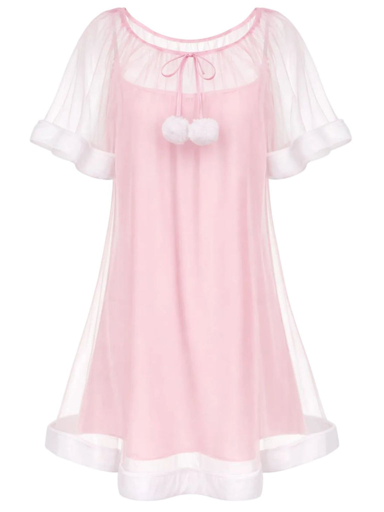 Camicia da notte in tulle con maniche a balze rosa anni '40