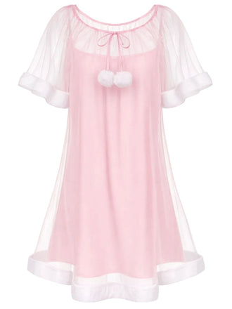 Camicia da notte in tulle con maniche a balze rosa anni '40