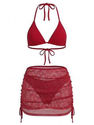 Tinta Unita con Allacciatura al Collo Set Bikini & Crochet Cover-Up Anni '40