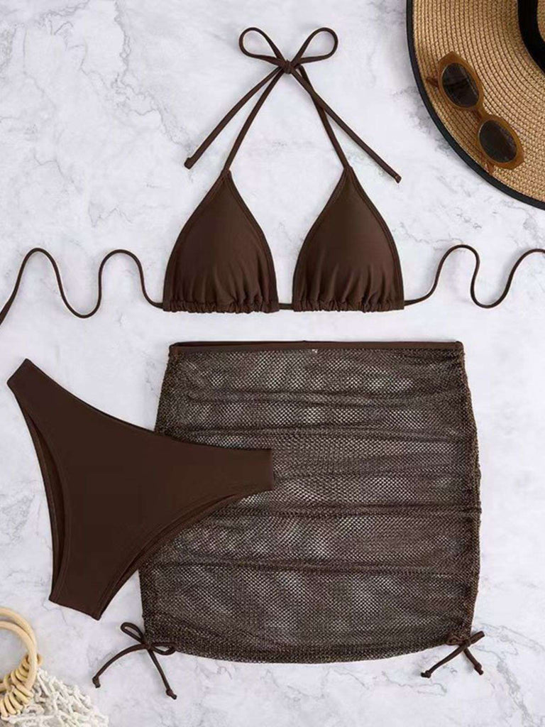 Tinta Unita con Allacciatura al Collo Set Bikini & Crochet Cover-Up Anni '40