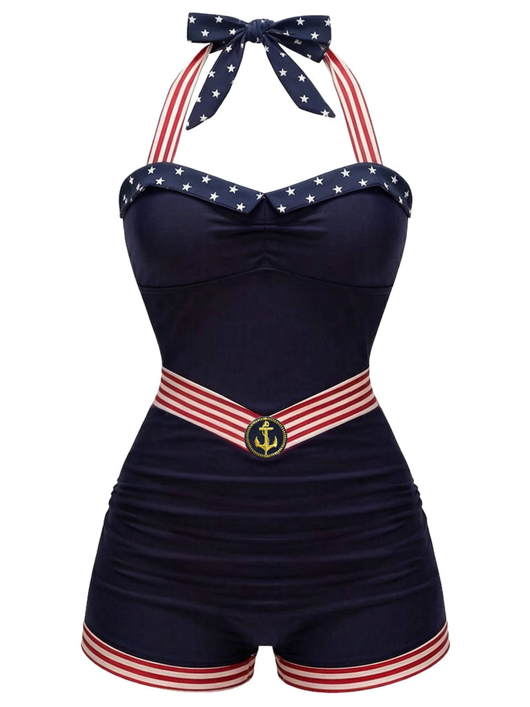 [Pre-Vendita] Costume da Bagno Blu Navy Halter Patchwork Stelle Righe e Ancora Anni '40