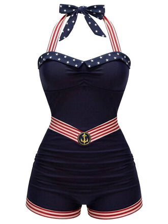 [Pre-Vendita] Costume da Bagno Blu Navy Halter Patchwork Stelle Righe e Ancora Anni '40
