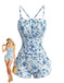 [Pre-Vendita] 2 Pezzi Tankini Floreale Plissé con Short a Vita Alta Blu Anni '50