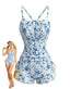 2PCS Tankini Blu Anni '50 Floreale Plissettata e Pantaloncini a Vita Alta