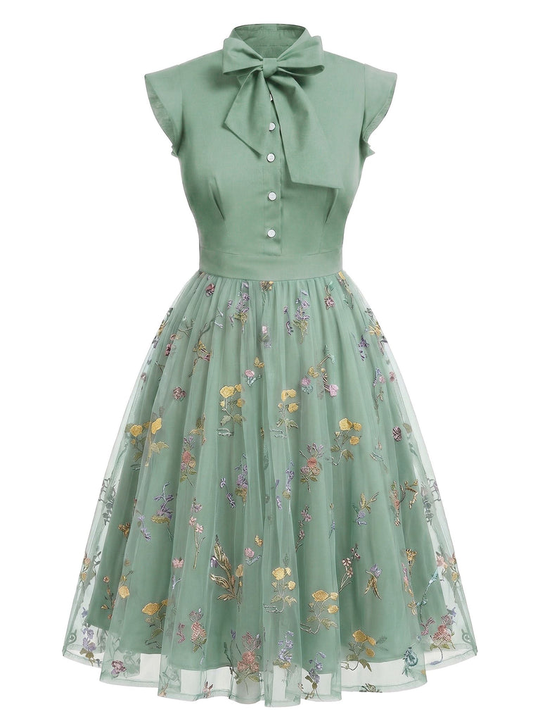 Abito vintage patchwork floreale in rete verde anni '50