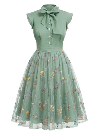 Abito vintage patchwork floreale in rete verde anni '50