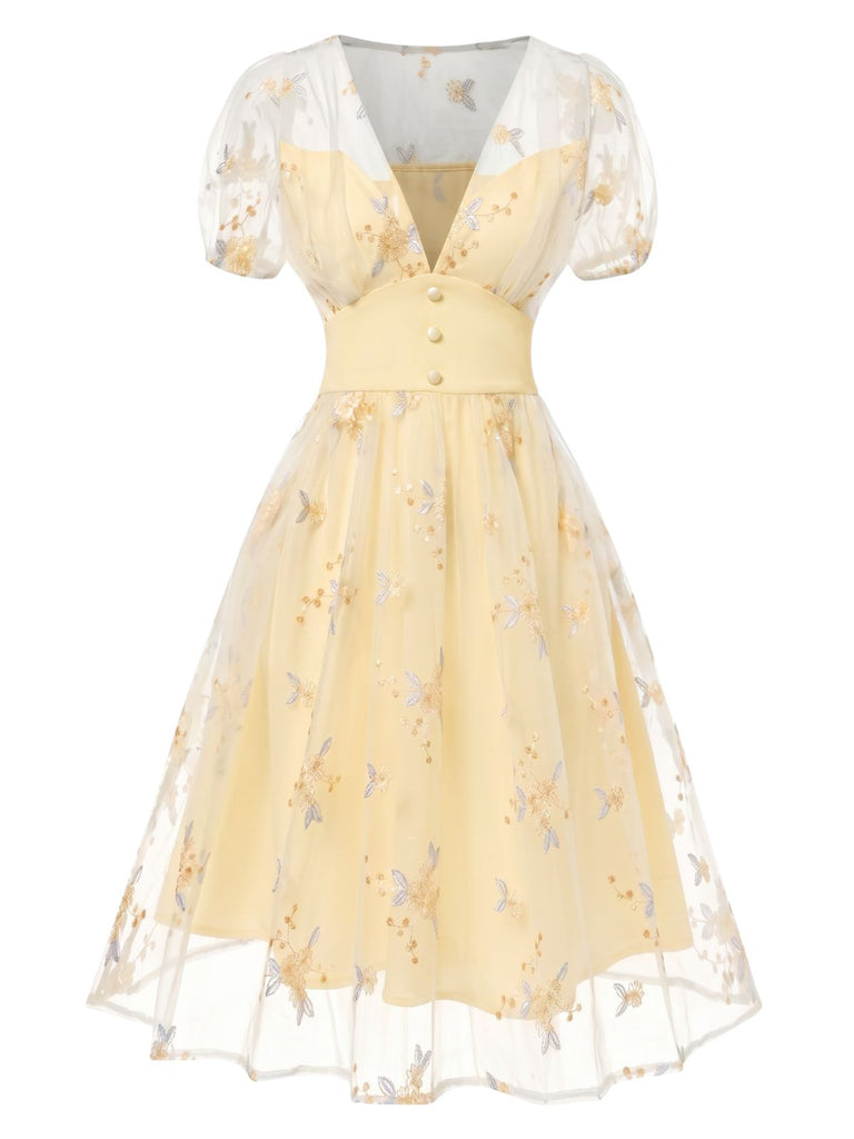[Prevendita] Abito ricami floreale scollo a V profondo giallo anni '50
