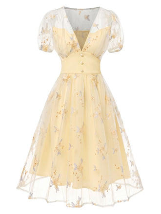 [Prevendita] Abito ricami floreale scollo a V profondo giallo anni '50