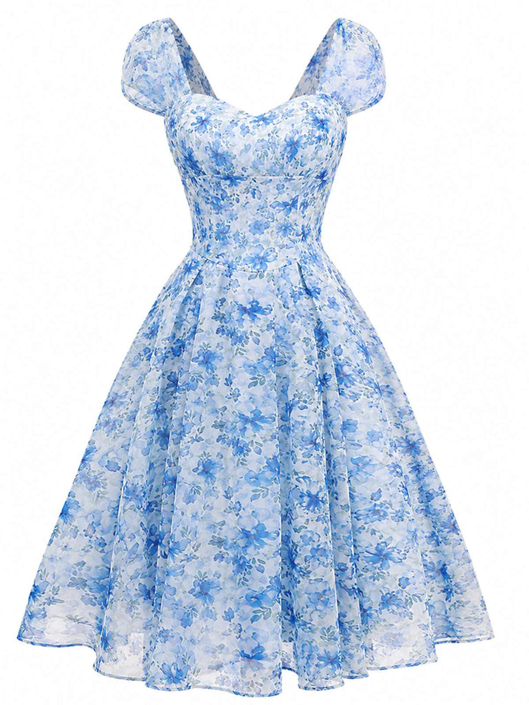 [Prevendita] Abito Svasato Blu a Fiori Maniche a Sbuffo Scollo a Cuore Anni '50