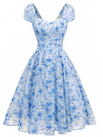 [Prevendita] Abito Svasato Blu a Fiori Maniche a Sbuffo Scollo a Cuore Anni '50