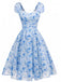 [Prevendita] Abito Svasato Blu a Fiori Maniche a Sbuffo Scollo a Cuore Anni '50