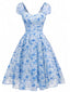 [Prevendita] Abito Svasato Blu a Fiori Maniche a Sbuffo Scollo a Cuore Anni '50
