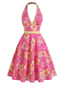 Abito scollo a V floreale rosa rosato anni '50