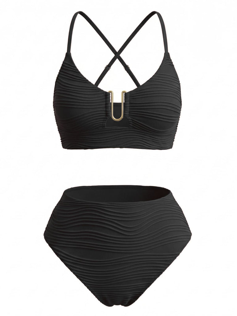 Set Tankini Tinta Unita a Vita Alta con Dettaglio Metallico a U Anni '50 4