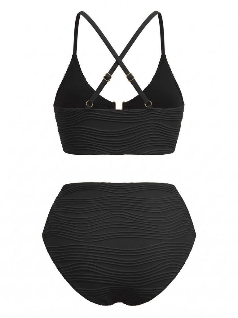 Set Tankini Tinta Unita a Vita Alta con Dettaglio Metallico a U Anni '50 5