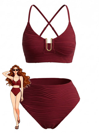 Set Tankini Tinta Unita a Vita Alta con Dettaglio Metallico a U Anni '50