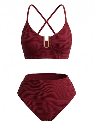 Set Tankini Tinta Unita a Vita Alta con Dettaglio Metallico a U Anni '50 2