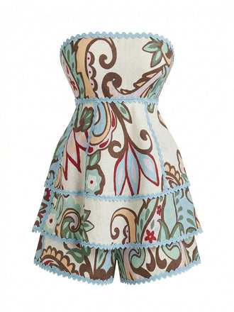Set 2 Pezzi Top Bustier Floreale Botanico con Pantaloncini Anni '50