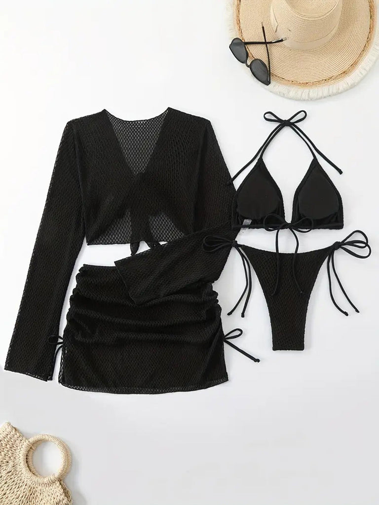 Set Bikini Halter Crochet Tinta Unita con Copricostume Anni '50
