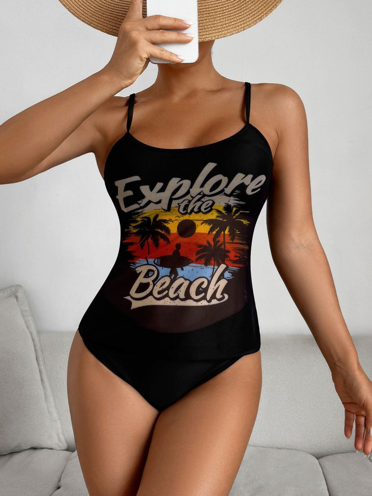 Set Tankini con Palme e Rete con Spalline Sottili Anni '50