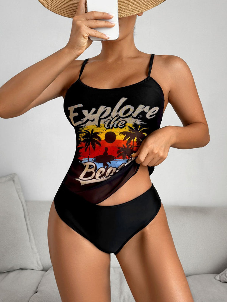 Set Tankini con Palme e Rete con Spalline Sottili Anni '50 2