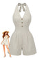 Tuta Corta Beige Anni '50 a Righe con Scollo All'americana con Vita Stretta