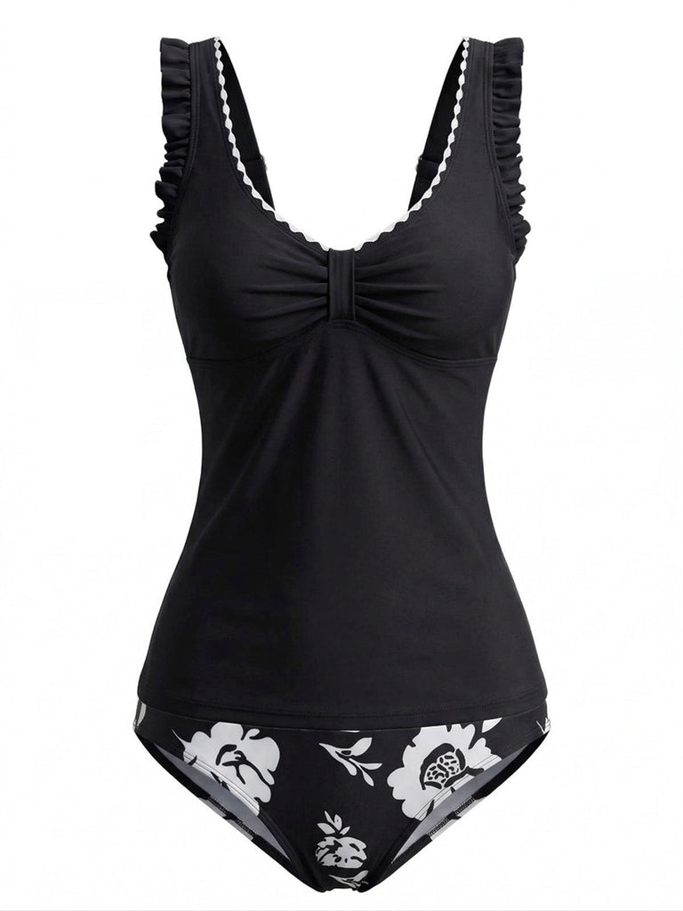 Set Tankini Floreale Arricciato con Bretelle a Volant Anni '50 10