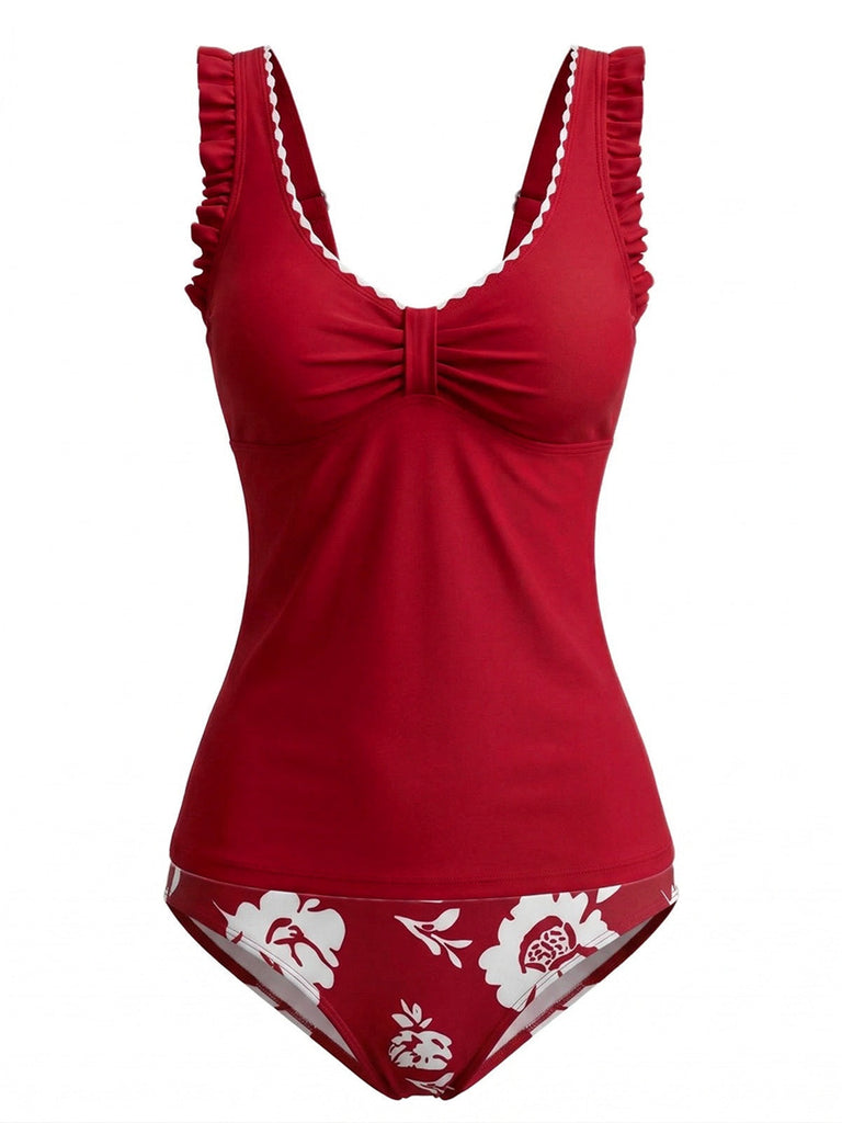 Set Tankini Floreale Arricciato con Bretelle a Volant Anni '50