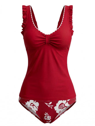 Set Tankini Floreale Arricciato con Bretelle a Volant Anni '50