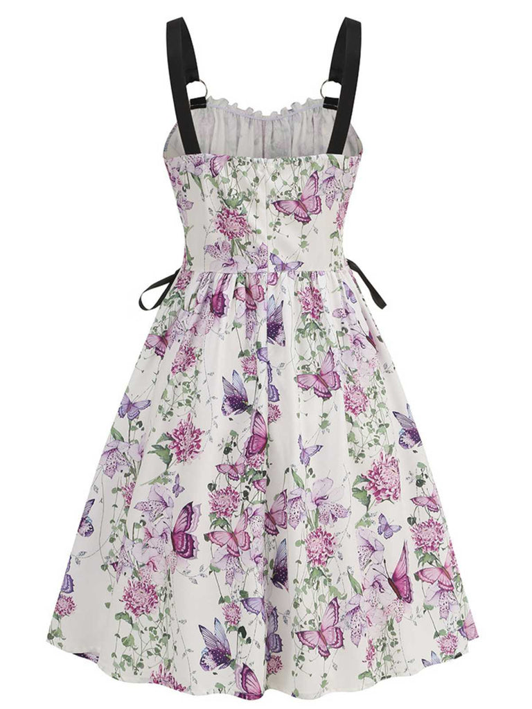 1950s Strap Floral Butterflies Lace-Up Corset Dress - vintage dress, retro fashion, rockabilly