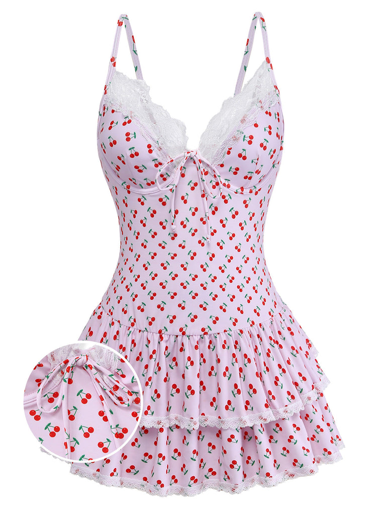[Pre-Vendita] Costume da Bagno Intero Rosa Stampa Ciliegie con Bordo in Pizzo Anni '40