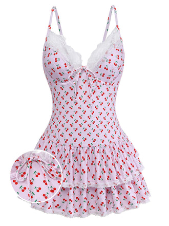 [Pre-Vendita] Costume da Bagno Intero Rosa Stampa Ciliegie con Bordo in Pizzo Anni '40