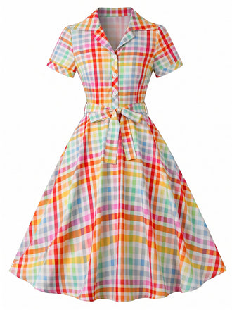 Abito a Quadri con Bavero Maniche Corte Multicolore Anni '40