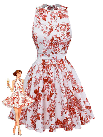Abito a Campana Floreale Halter Senza Maniche Schiena Scoperta Anni '60