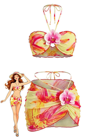2PCS Set Bikini Floreale Halter e Copricostume Aderente Anni '60
