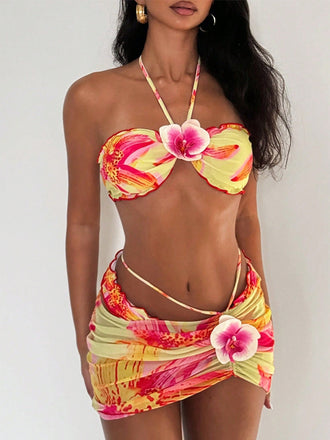 2PCS Set Bikini Floreale Halter e Copricostume Aderente Anni '60 2
