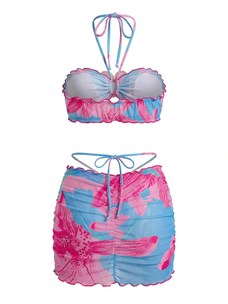 2PCS Set Bikini Floreale Halter e Copricostume Aderente Anni '60 7