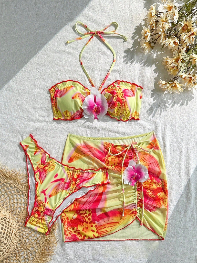 2PCS Set Bikini Floreale Halter e Copricostume Aderente Anni '60 5